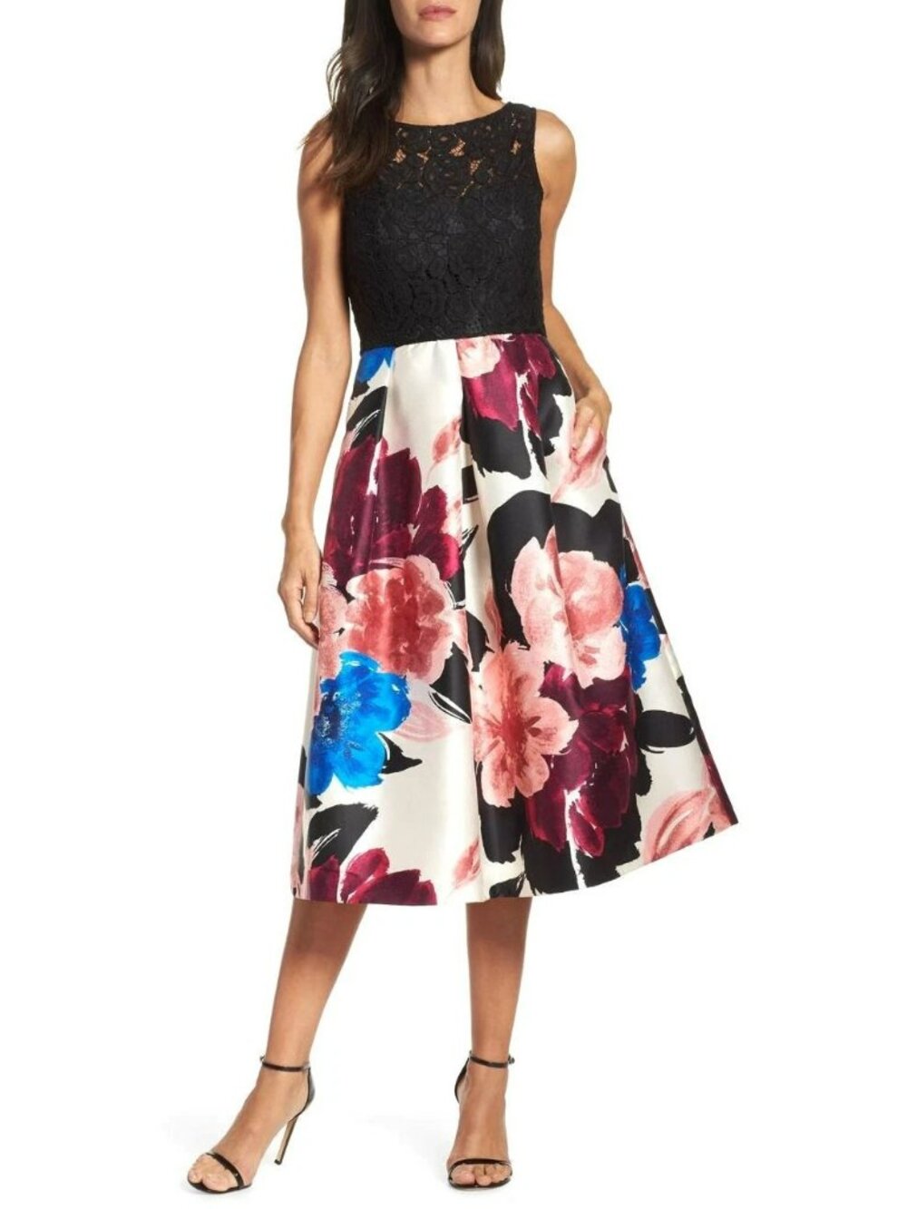 Ellen Tracy Arcadia Print Black Lace Pink Blue Floral Fit and Flare Midi Dress